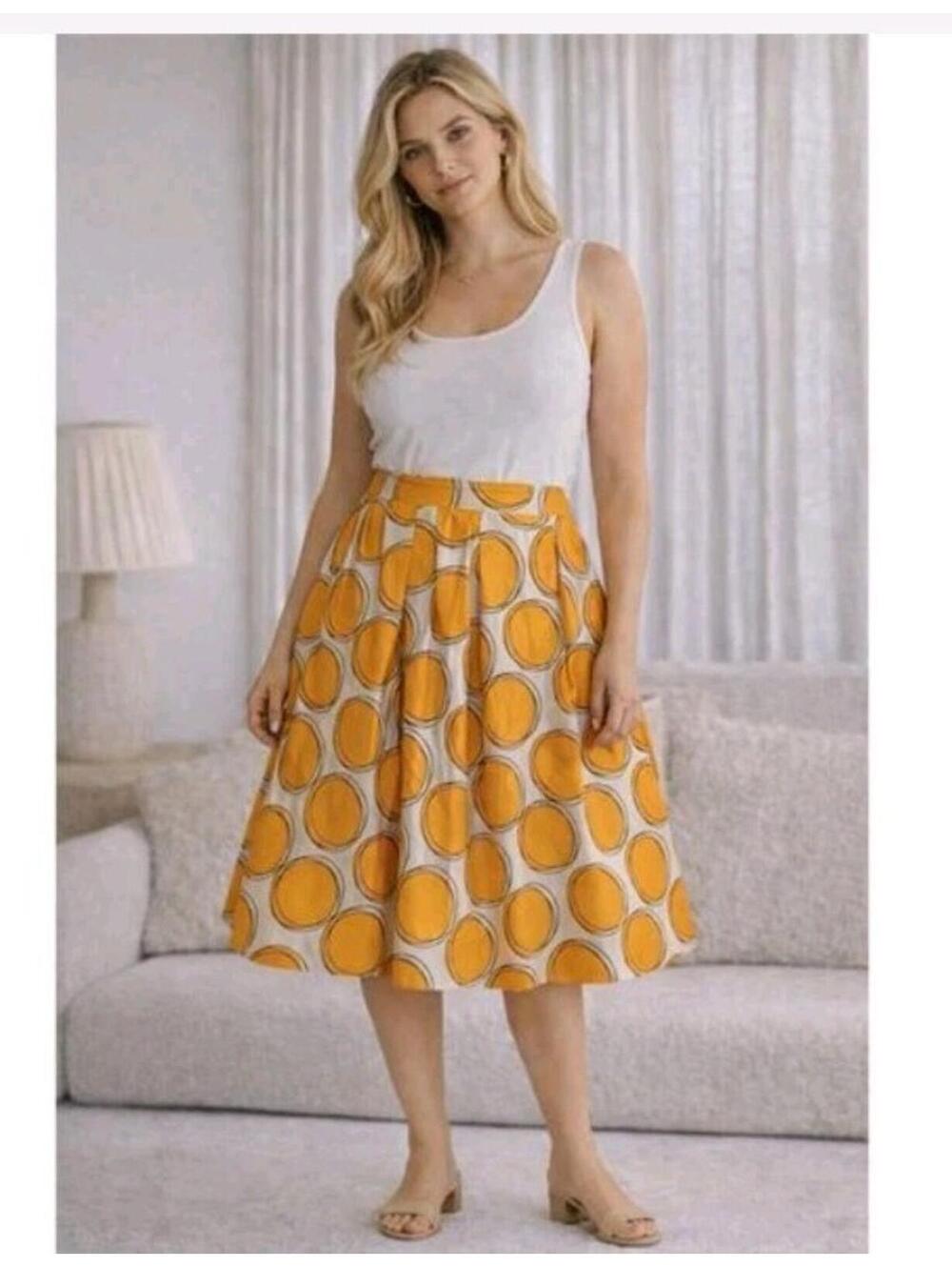 Lane Bryant Skirt Womens 18 Yellow Circle Print Pleated Satin Midi Pockets Retro